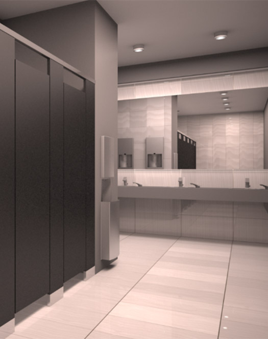 public bathroom with commercial bathroom stall doors and sinks